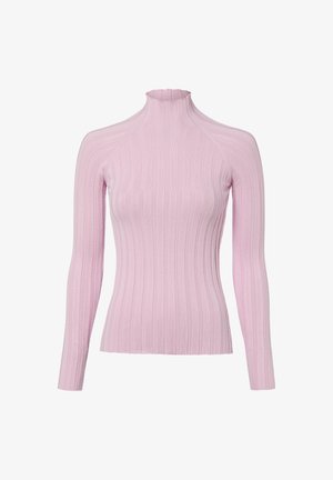 Hellrosa gerippter Rollkragenpullover mit Langarm und figurbetonter Silhouette sowie hohem Kragen. Aus weichem, dehnbarem Stoff für angenehmen Tragekomfort gefertigt.