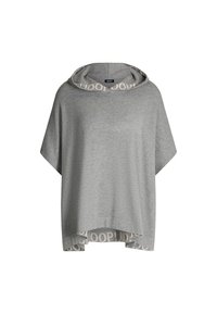 Szara, oversize'owa bluzka z kapturem, ozdobiona kontrastowym wzorem logo na krawędzi, krótkie rękawy i luźny krój.