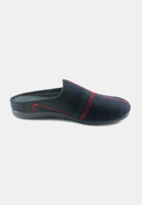 Pantofole in feltro blu navy con motivi a quadri rossi e verdi, dotate di suola in gomma nera e design slip-on per un facile utilizzo.