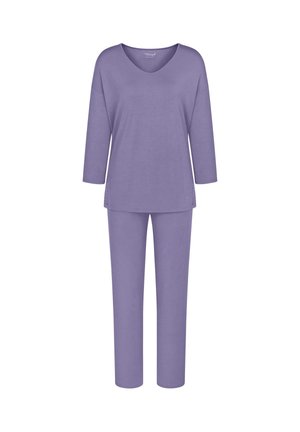 Lawendowy dwuczęściowy zestaw do noszenia w domu z rękawami do łokcia i prostymi spodniami, z dekoltem w łódkę i koronkowymi detalami po bokach.