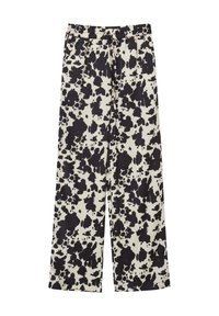 Schwarz-creamfarbene weite Hose mit einem Spritzmuster, elastischem Bund und weichem Stoffgefühl.