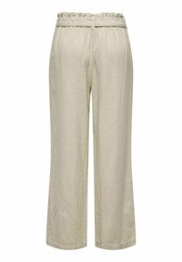 Beige linbukser med bred bendesign, elastisk linning med volangdetaljer og subtil tekstur. Ingen synlige lommer.
