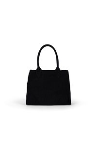 Borsa in tessuto nero con forma strutturata, manici arrotondati e superficie liscia. Presenta lati senza cuciture e un design minimalista.