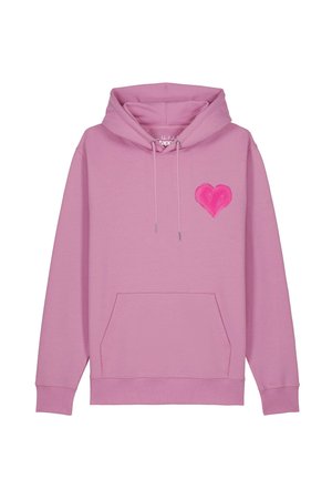 Sweat à capuche lilas avec poche avant et cordons, avec un motif cœur rose vif sur le côté gauche de la poitrine.