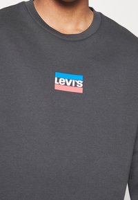 Tmavě šedá mikina s kulatým výstřihem, zdobená obdélníkovým logem Levi's v modré, růžové a bílé barvě. Hladká textura, neformální design.