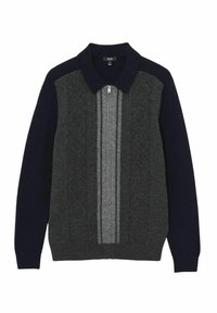 Pletený zipový kardigan v tmavě šedé a námořnické modři. Má strukturovaný střední panel s diamantovými vzory a žebrovaný límec a manžety.