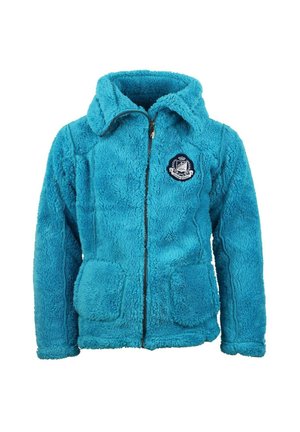 Giacca in pile blu brillante con cerniera frontale completa, due tasche frontali e un emblema blu navy sul petto sinistro.