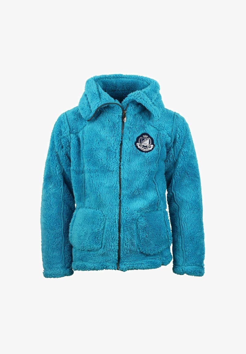 Chaqueta polar azul brillante con cremallera completa en la parte delantera, dos bolsillos delanteros y un emblema azul marino en el pecho izquierdo.
