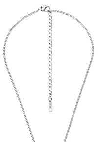 Collier en métal argenté avec un design de chaîne plate, doté d'un fermoir et d'une chaîne d'extension. Comprend un petit pendentif avec une gravure "DIESEL".
