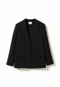 Čierny blejzer s upraveným dizajnom, dvoma prednými vreckami, s výstrihom do "V" a jedným gombíkom na zapínanie. Hladký materiál a štruktúrovaný tvar.