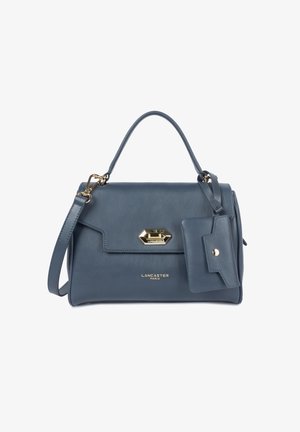 Blauwe leren handtas met gouden hardware, bovenhandgreep, afneembare schouderband en een voorflapzak. Getextureerde afwerking.