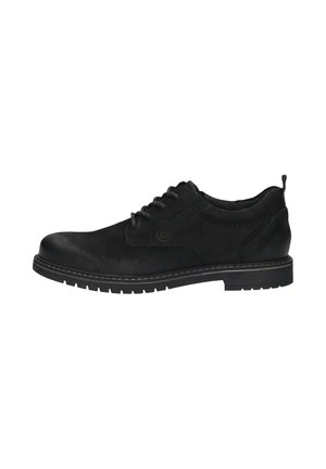 Schwarze Leder-Schnürschuhe mit runder Zehenform, strukturiertem Obermaterial und einer genähten Gummisohle für Langlebigkeit. Minimalistisches Design mit einer Ziehschlaufe.