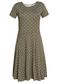 Oliwkowa sukienka z krótkimi rękawami, z dopasowanym gorsetem i rozkloszowanym dołem, ozdobiona białymi kropkami, wykonana z miękkiego materiału.