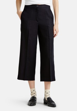 Black wide-leg trousers with a high waist, front pleats, and a single button closure; textured fabric; paired with patterned socks and loafers.