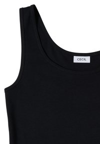Débardeur noir sans manches avec encolure ronde et une étiquette blanche indiquant "CECIL" à l'intérieur du col arrière.