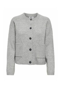 Grå cardigan lavet af blødt strikkemateriale, med rund halsudskæring, sorte knapper ned foran og to forlommer.