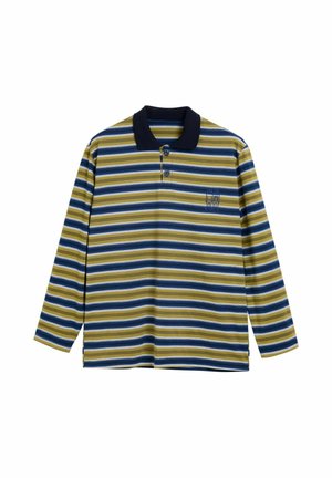 Koszulka polo z długim rękawem, z granatowym kołnierzem, niebiesko-żółtymi poziomymi paskami, dwukolorową plisą zapinaną na dwa guziki oraz haftowanym logo na piersi.
