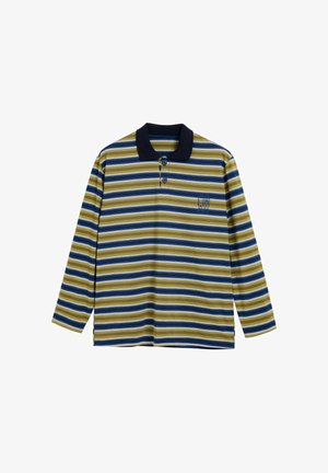 Koszulka polo z długim rękawem, z granatowym kołnierzem, niebiesko-żółtymi poziomymi paskami, dwukolorową plisą zapinaną na dwa guziki oraz haftowanym logo na piersi.