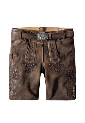 Braune Lederhosen mit aufwändigen Stickereien auf der Vorderseite, einer dekorativen silbernen Schnalle und Knopfdetails an den Seiten.