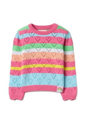 Maglione multicolore lavorato a maglia con strisce orizzontali in rosa, verde, blu e arancione, con motivi a cuore e scollo a coste.