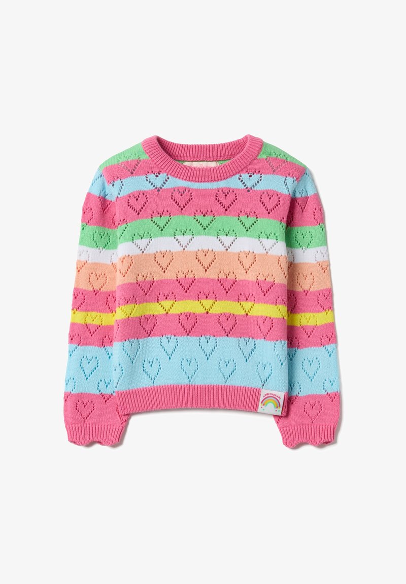 Bunter Strickpullover mit horizontalen Streifen in Pink, Grün, Blau und Orange, mit Herzmustern und einem gerippten Kragen.