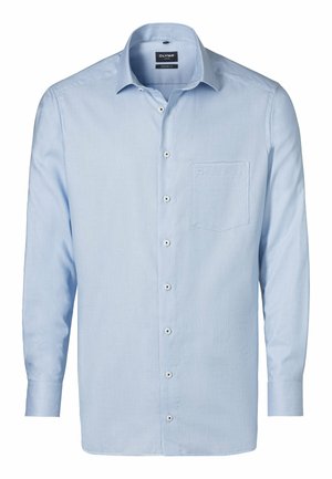 Camicetta azzurro chiaro in una vestibilità moderna. Presenta una tasca sul petto, maniche lunghe e bottoni bianchi a contrasto su un tessuto liscio.