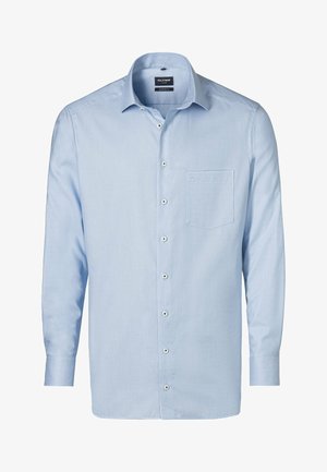 Helles blaues Button-up Hemd in moderner Passform. Mit einer einzelnen Brusttasche, langen Ärmeln und kontrastierenden weißen Knöpfen aus glattem Stoff.