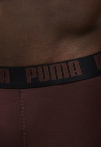 Gros plan sur la taille d’une personne portant un sous-vêtement Puma marron foncé avec une ceinture noire comportant le logo Puma en marron.