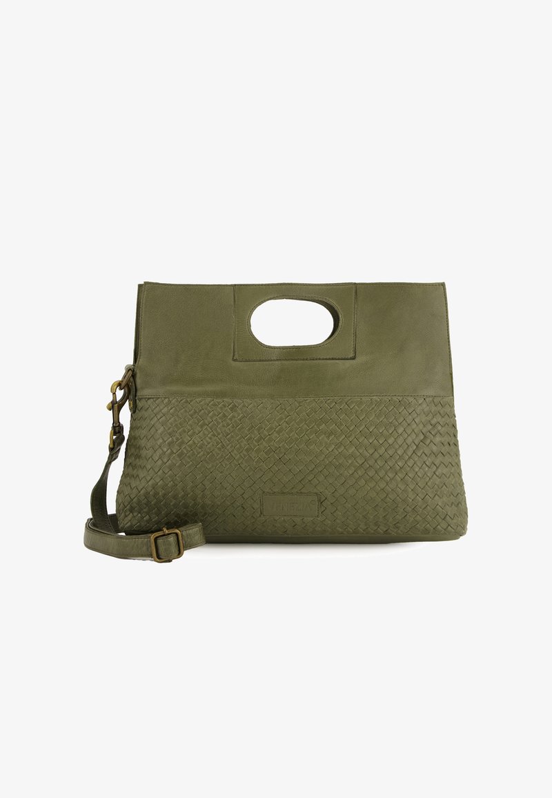 Sac à main vert olive avec une moitié inférieure tissée, une partie supérieure en cuir lisse, deux options de portage et une poignée découpée pour un accès facile.