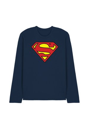 Navy blue long-sleeve shirt with a large red and yellow Superman emblem centered on the chest.