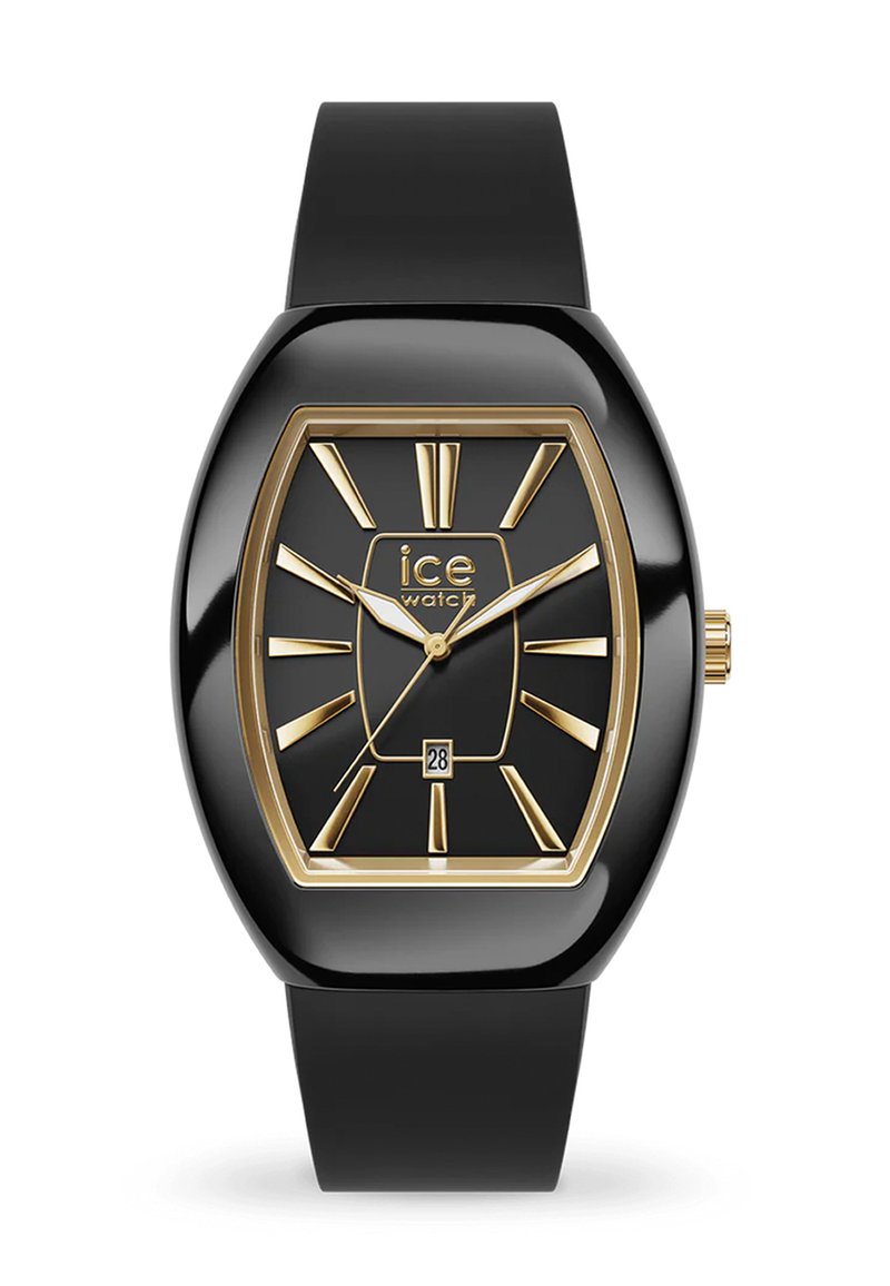 Reloj de silicona negra con una esfera rectangular negra, marcadores dorados y una pantalla de fecha. Presenta un acabado suave y un diseño minimalista.