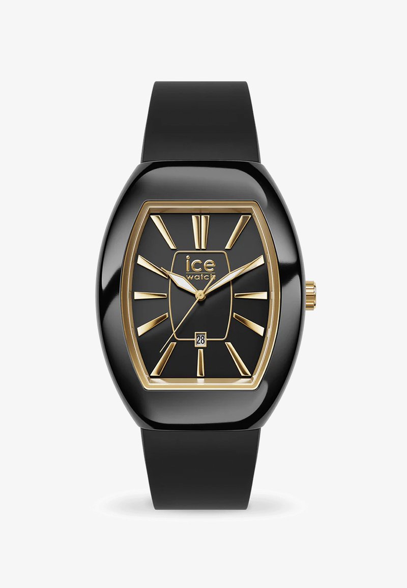 Reloj de silicona negra con una esfera rectangular negra, marcadores dorados y una pantalla de fecha. Presenta un acabado suave y un diseño minimalista.