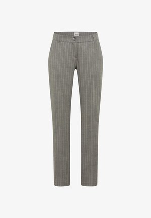 Gray pinstriped trousers made of fabric with a smooth texture, featuring a button closure and tailored straight-leg design.