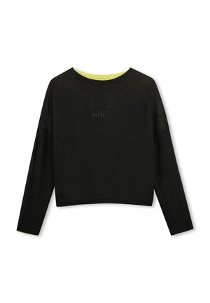 Sweat-shirt court noir à manches longues avec col rond et logo en relief discret sur la poitrine, présentant une doublure de col intérieure jaune.