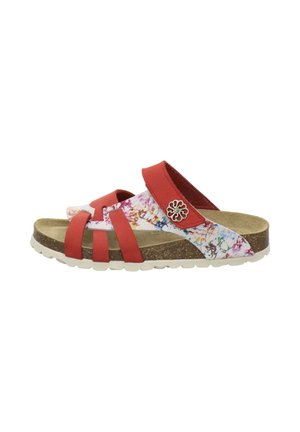 Slip-on sandal with cork sole, red straps, multicolor abstract patterned upper, and decorative flower-shaped metal button on side strap.