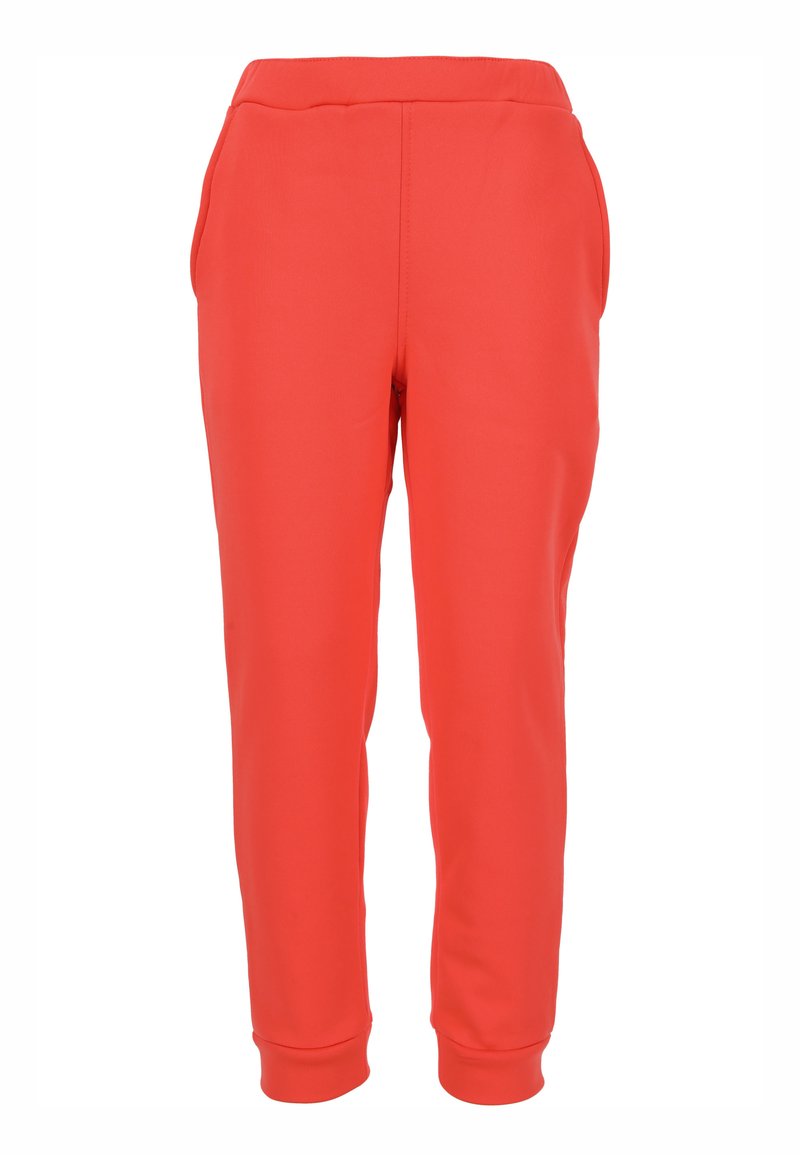 Punaiset collegehousut, jotka on valmistettu sileästä kankaasta. Niissä on rento malli, joustava vyötärönauha, sivutaskut ja kapeat lahkeet.