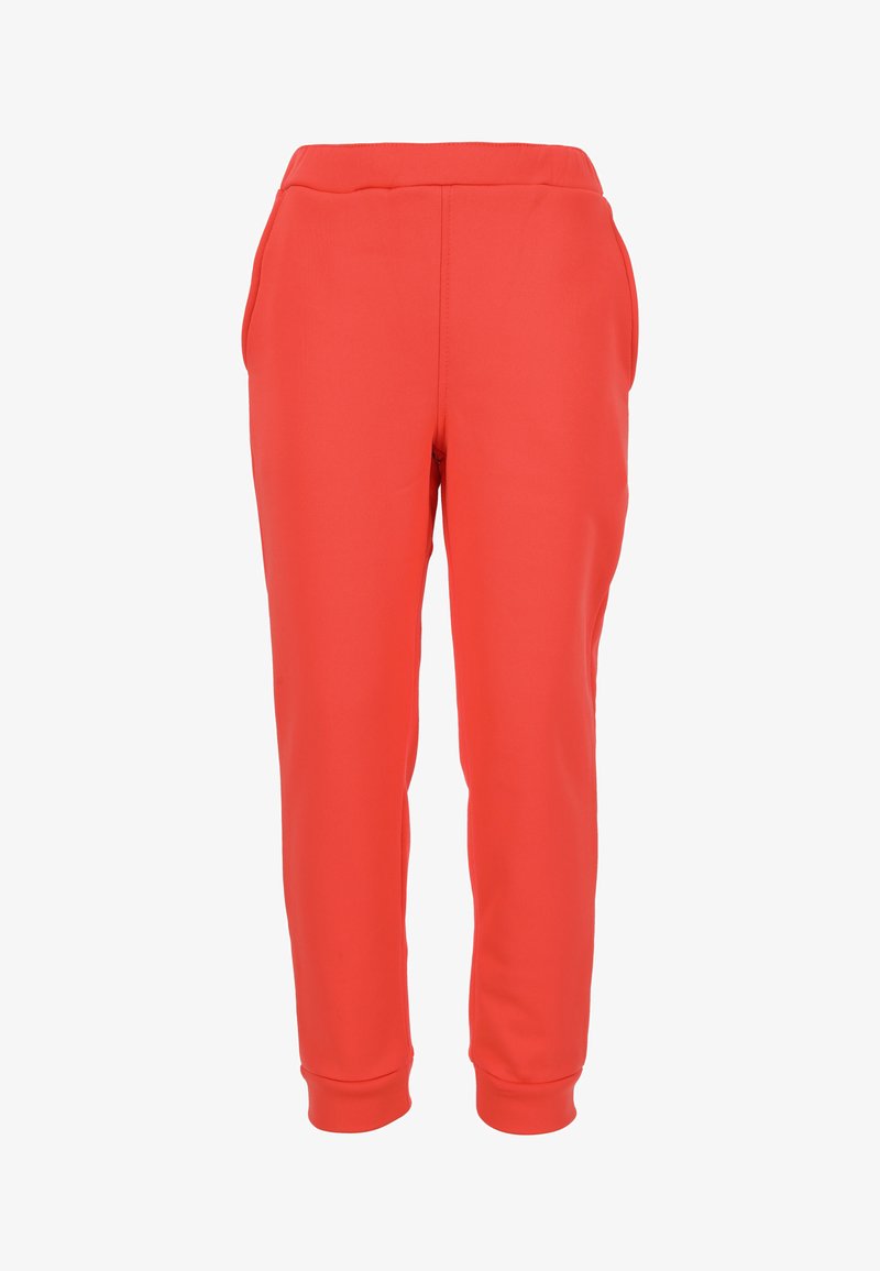 Rode joggingbroek van gladde stof, met een ontspannen pasvorm, elastische tailleband, zijzakken en taps toelopende enkels.