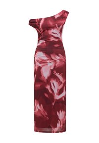 Yhden olkapään muotoutuva mekko tummanpunaisessa ja vaaleanpunaisessa sävyssä, jossa on abstrakteja kukkakuosisia; sileä satiinimainen tekstuuri, polven pituinen.