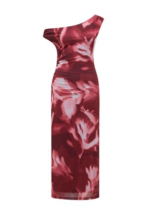 Klelpik z enim ramenom, prilegajoč se v temno rdečih in roza odtenkih z abstraktnimi cvetličnimi vzorci; gladka satenasta tekstura, do kolen.