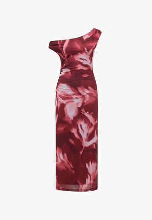 Klelpik z enim ramenom, prilegajoč se v temno rdečih in roza odtenkih z abstraktnimi cvetličnimi vzorci; gladka satenasta tekstura, do kolen.