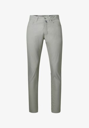 Lichtgrijze slim-fit broek met vooraan knoop- en ritssluiting, lussen voor een riem en zij- en muntzakken.