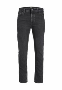 Zwarte slim-fit denim jeans met voorzakken, riemlussen en knoopsluiting, afgebeeld tegen een effen witte achtergrond.