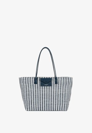 Sac fourre-tout tissé en noir et blanc avec deux longues poignées noires et une petite poche avant avec le logo "Lancaster Paris".