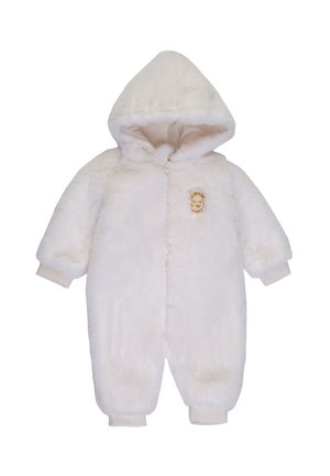 Weißer Kunstpelz-Overall mit Kapuze, mit Bündchen an den Ärmeln und Beinen. Mit einem kleinen gestickten Tiergesicht-Patch auf der Brust. Weiche Textur.