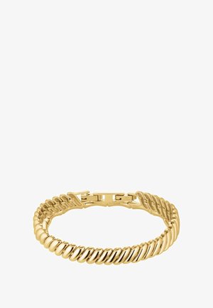 Goldarmband mit gedrehtem Design, das glatte, abgerundete Glieder und einen sicheren Verschluss aufweist. Polierte, reflektierende Oberfläche mit elegantem Erscheinungsbild.