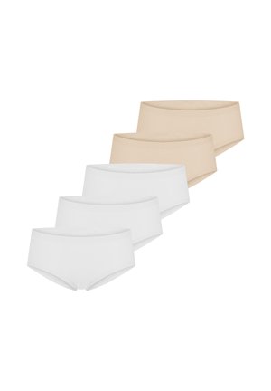 Cinq culottes hipster sans couture pour femmes en beige et blanc, disposées en rangée décalée sur fond blanc.