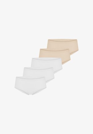 Cinq culottes hipster sans couture pour femmes en beige et blanc, disposées en rangée décalée sur fond blanc.
