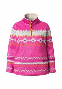 Fleece-Pullover in leuchtendem Pink mit einem halben Reißverschluss am Kragen. Mit mehrfarbigen geometrischen Mustern und zwei seitlichen Taschen.
