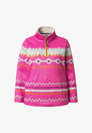 Fleece pullover i lyserød med halv-lynlås krave. Har farverige geometriske mønstre og to sidelommer.