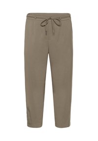 Pantalons chino d'une couleur taupe douce, dotés d'une taille à cordon, de deux poches avant et de jambes fuselées. Tissu lisse avec une finition soignée.